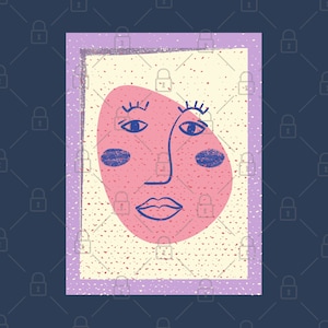May include: A stylized illustration of a face with blue eyelashes, blue eyes, and a pink nose and mouth. The face is surrounded by a light yellow background with a purple frame.