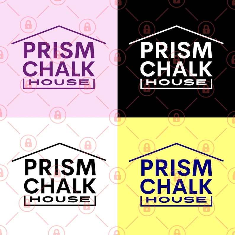 May include: A logo for a business called "Prism Chalk House" with a house icon and the text in a purple, white, and blue color scheme.