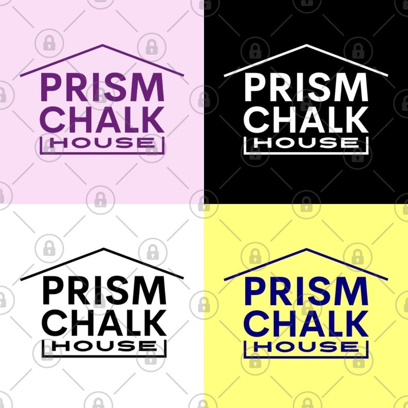 May include: Four different color variations of a logo for a business called "Prism Chalk House". The logo features a house shape with the text "Prism Chalk House" inside.