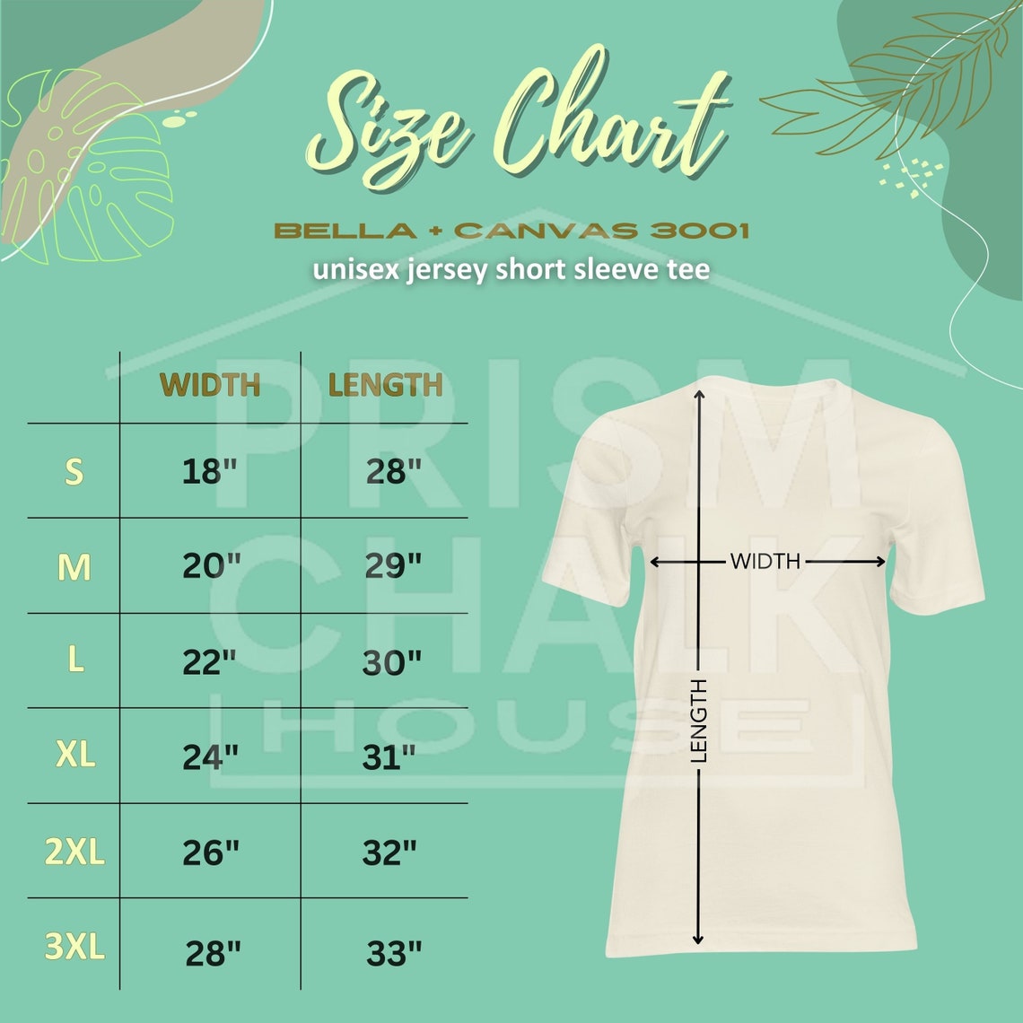 Green Size Chart, Minimalist Size Chart, Bella Canvas Size Chart, Tshirt Measurement Guide