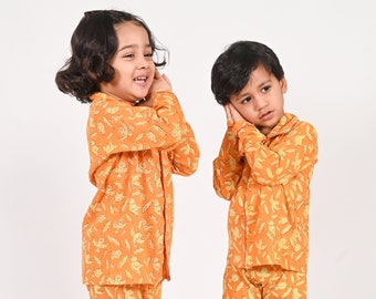 Unisex Bird Block Print Kids Cotton Rust Night suit,Shirt and Pant set, Sleepwear, Size -12 months to 5 years,Payjama set,lounge wear