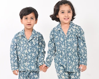 Unisex Bird Print Kids Cotton Blue Night suit,Blockprint Night suit,Sleepwear, Size -12 months to 5 years,payjama set,boys-girls lounge wear