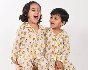 Unisex Mango print Cotton Nightsuits,Blockprint Night suit, Sleepwear, Size -12 months to 5 years,Lounge Wear,Rakhi Gift,Twin set,Pajama Set