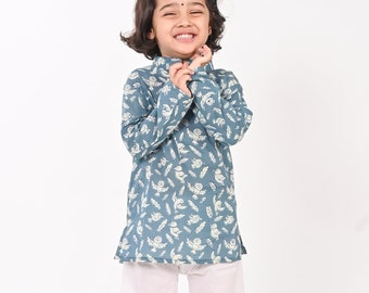 Unisex Bird Block Print Kids blue Cotton shirt, Jaipur Kurta,Festive Kurta,Size -12months to 5years,Summer Indian handmade kurta