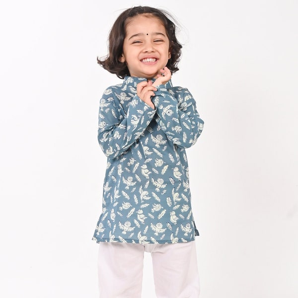 Unisex Bird Block Print Kids blue Cotton shirt, Jaipur Kurta,Festive Kurta,Size -12months to 5years,Summer Indian handmade kurta