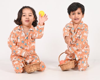 Unisex No Drama Llama Orange Cotton Night suits, Blockprint Night suit, Sleepwear, Lounge Wear,Size -12 months to 5 years,Payjama Set