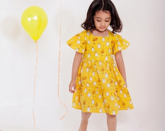 Ghost Print Yellow  Dress for Girls | Premium Cotton Kids Outfit | Summer Dress for Girls | Cotton Dresses