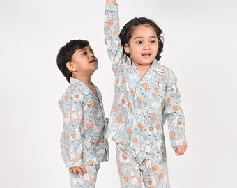 Unisex No Drama Llama Block Printed Kids Blue Cotton Night suits, Sleepwear,Size -12 months to 5 years,Lounge, shirt and payjama set
