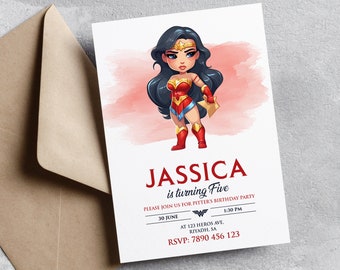 Cartes d'invitation d'anniversaire Wonder Woman personnalisables, cartes d'invitation d'anniversaire d'enfant, carte d'anniversaire de super-héros, anniversaire de Wonder Woman