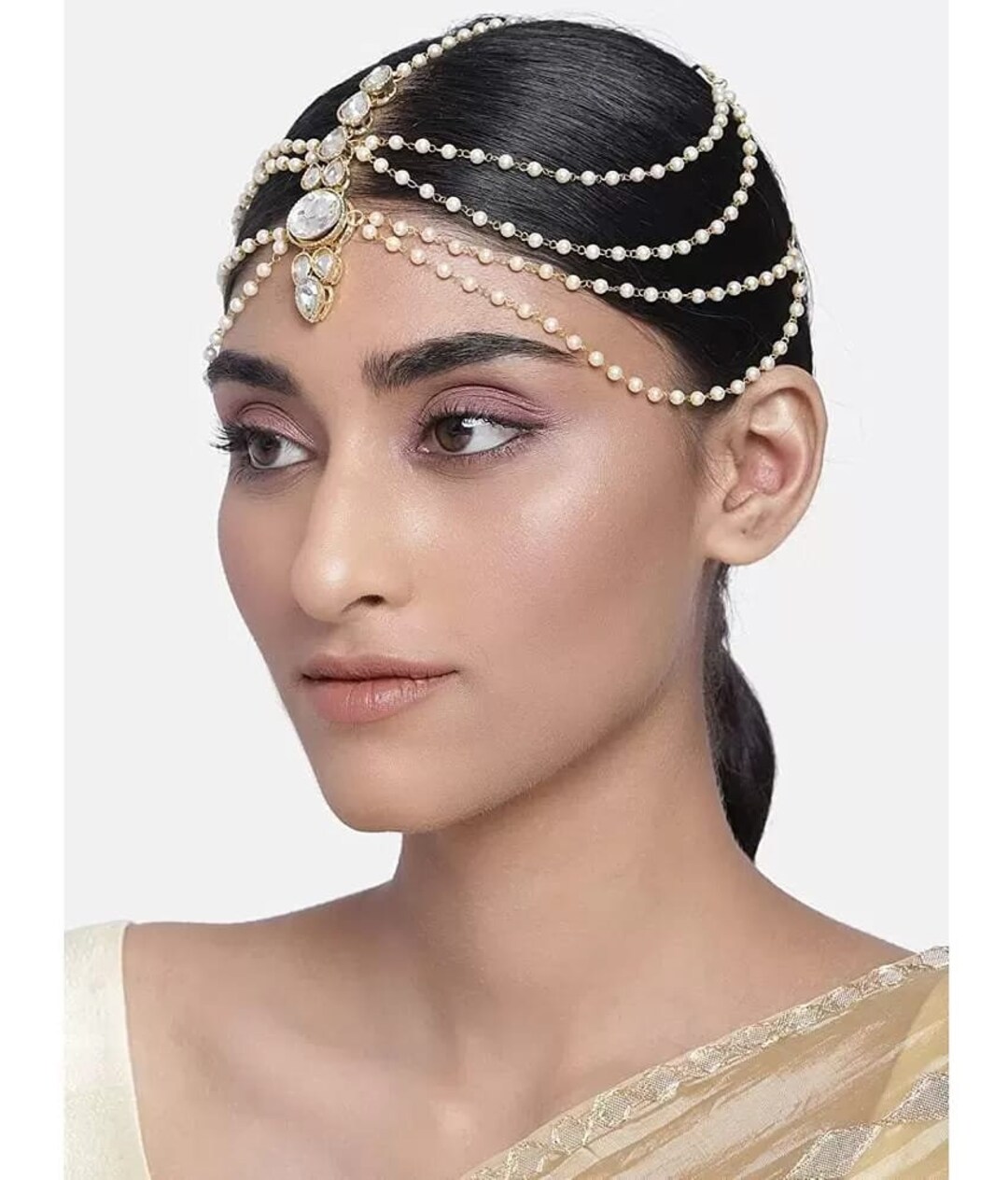 Kundan Studded Matha Patti, White Gold Plated Matha Patti, Headchain