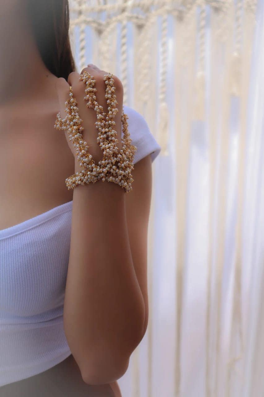 Traditional 18k Gold Plated Embellish With Kundan & Pearl Adjustable Haath Phool/Panja Bracelet for Women main image 1