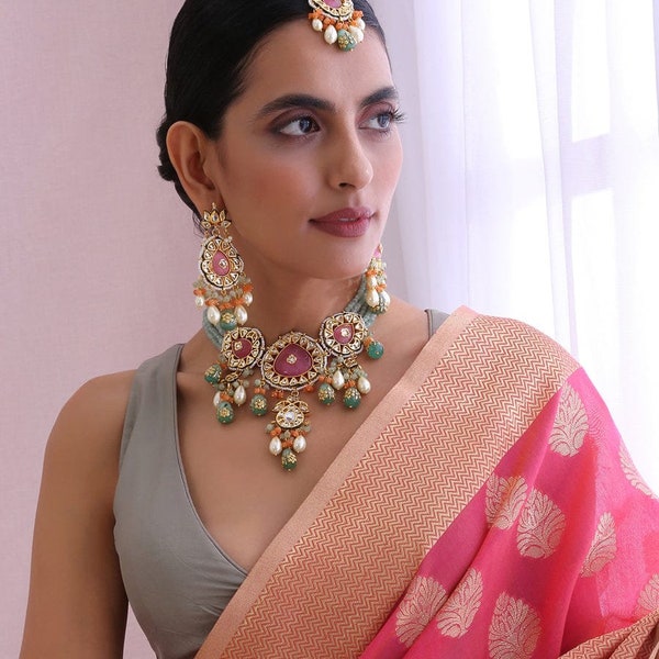 Diseñador Kundan Haar, joyas Tanjore kundan, kundan haar nupcial, kundan haar de color dorado, conjunto nupcial sabyasachi, conjunto kundan, kundan indio./conjuntos