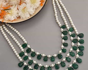 Green Pear Shape Emerald Touch Stone Necklace, 3 Layer for Girls & Women Green Mala Fashion Jewellery, Green Long Necklace