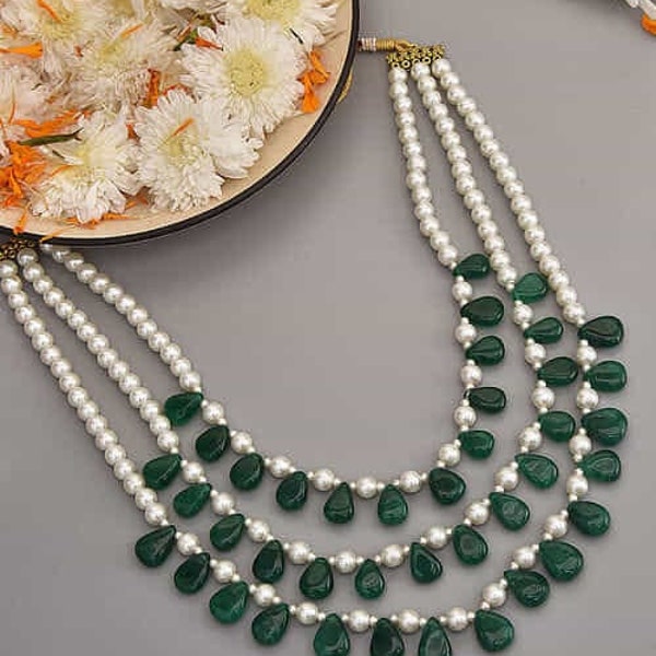 Green Pear Shape Emerald Touch Stone Necklace, 3 Layer for Girls & Women Green Mala Fashion Jewellery, Green Long Necklace