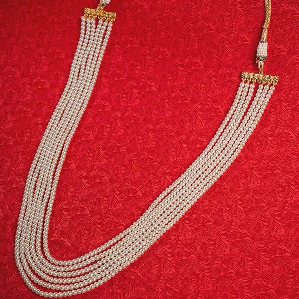 Perlen Halskette - Einstellbare lange Halskette Set w / Ohrringe - Rajwada Schmuck - Edelstein Hals Stück - Multi Layer Kundan Halskette