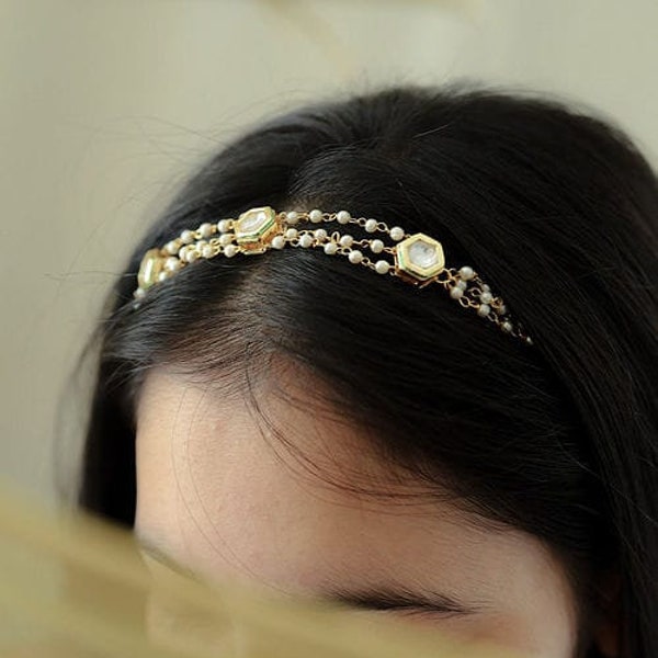 Kundan Studded Matha Patti, White Gold Plated Matha Patti, Headchain, Hair Jewelry, Wedding Headband, Maang Tikka, Head Piece