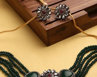 Dark Green CZ Diamond Necklace Indian Jewelry Indian Choker CZ Choker Crystal Necklace Pakistani Jewelry American Diamond Necklace AD