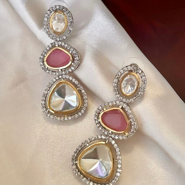 Silver Polki Earrings  Jewelry Victorian Polki Kundan Earrings Uncut Polki Stud Earrings Moissanite Polki Diamond Studs India