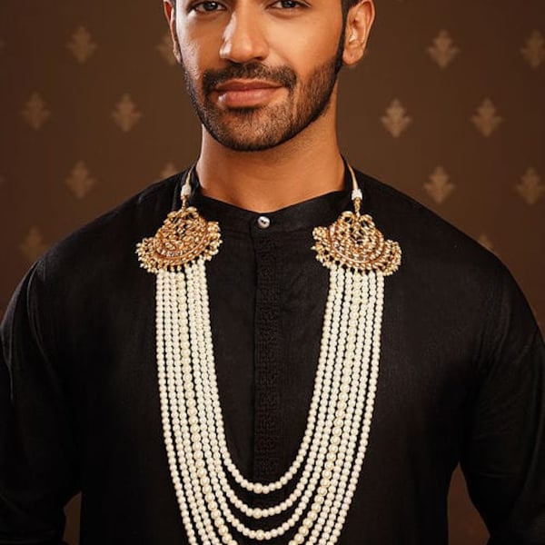 Gold Plated Pearl Moti dulha six Line necklace chain Men Designer Groom Sherwani Mala Wedding Jewelry Indian Jewelry
