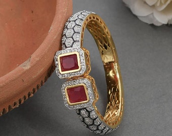 Bracelet kanda diamant américain ouvrable | Indian Designs Bracelet CZ AD élégant | Bracelet jonc plaqué or pierre bleue saphir tendance