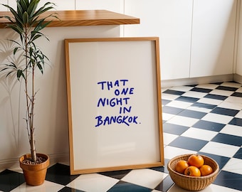 Modern Bangkok Quote Poster, Living Room Travel Wall Decor, Scandinavian Thailand Memory Art, Minimalist Random Handwritten Blue Typography