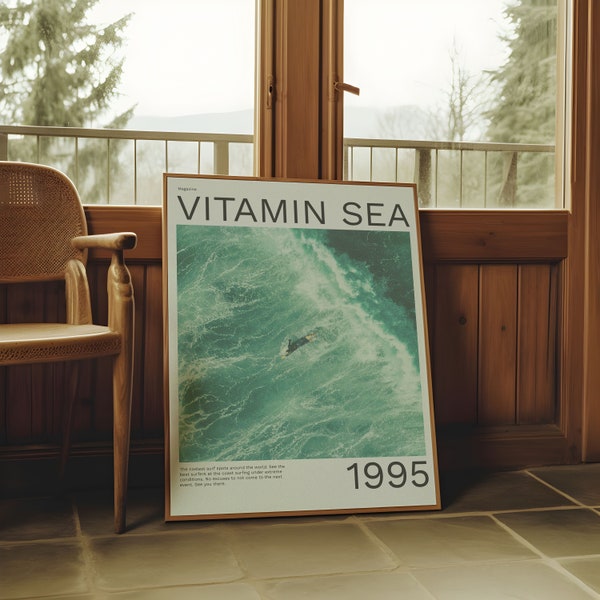 Surf Magazine Retro Poster, Surfer Cover, Summer 1995 Print, Beach House Interior Decor Trend, Big Wave, Vitamin Sea Art, Instant Download