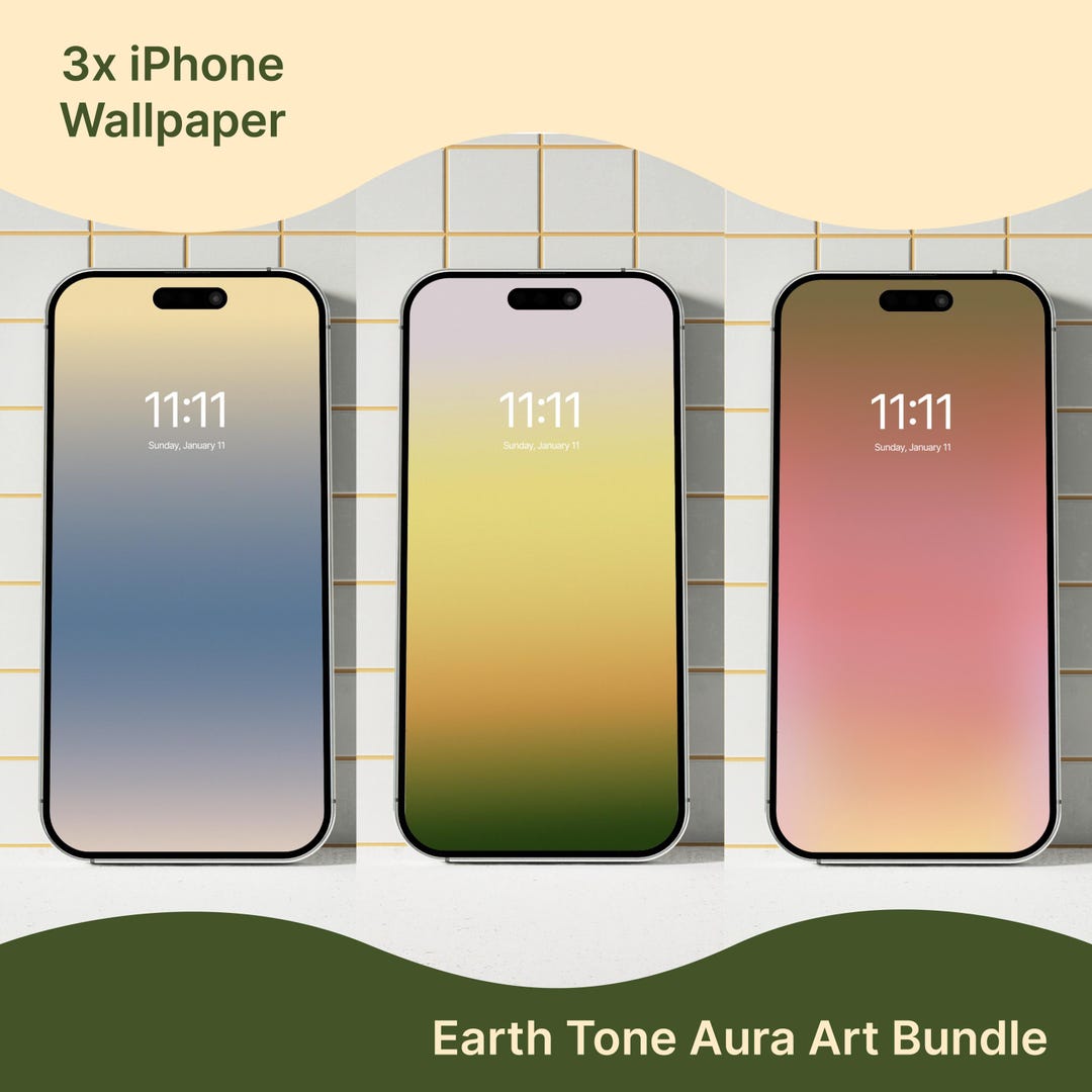 3x Modern Earth Tone iPhone Wallpaper Ombre Art, Cool Khaki Green