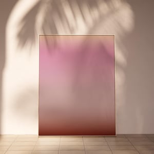 Puede incluir: Una pintura abstracta enmarcada con un degradado de colores rosa, naranja y rojo. La pintura está colgada en una pared blanca con una sombra de una hoja de planta proyectada en la pared.