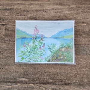 Cartão de felicitações (pacote com 10) - Cartões de felicitações do Lago Eklutna, flores silvestres à beira do lago, Epilóbio, águas calmas, lago do Alasca, trilhas para caminhadas.