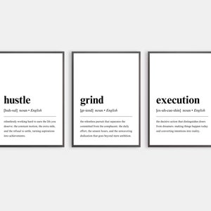 Puede incluir: Tres carteles imprimibles en blanco y negro con las definiciones de las palabras "hustle", "grind" y "execution".