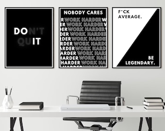 Motivational Posters Digital Print - Set of 3 Prints - Inspirational Quote Artwork - Printable Office and Gym Decor Wall Art Hustle Grind