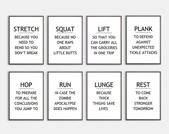 Gym Wall Art, Set of 8 Printables, Home Gym Decor, Gym Decor, Funny Gym Art, Motivational Posters, Gym Poster Artwork, Home Gym Sign