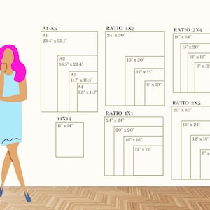 May include: A chart showing different paper sizes and their dimensions in inches. The chart includes standard paper sizes like A1, A2, A3, A4, and 11x14, as well as ratios like 4x5, 3x4, 2x3, and 1x1.