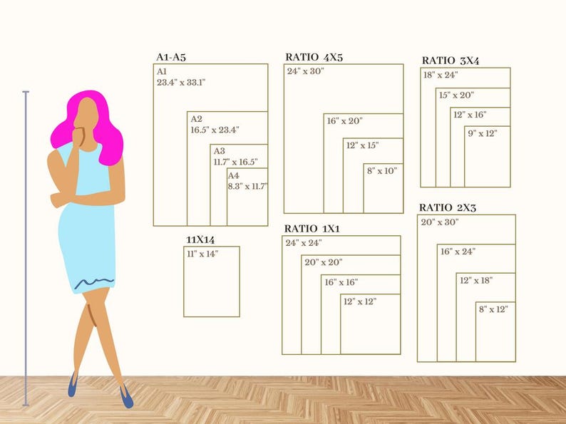 May include: A chart showing different paper sizes and their dimensions in inches. The chart includes standard paper sizes like A1, A2, A3, A4, and 11x14, as well as ratios like 4x5, 3x4, 2x3, and 1x1.