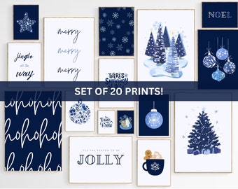 May include: A set of 20 printable Christmas illustrations in blue and white featuring various holiday themes, including snowflakes, ornaments, trees, and the words "jingle all the way", "merry", "hohoho", "tis the season to be jolly", "there's snowbody like you", and "Noel".