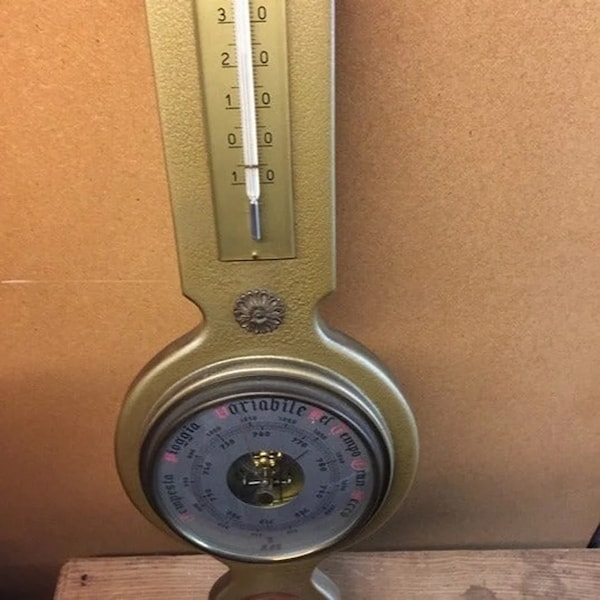 Vintage Antique Italian Aneroid Barometer Wood Gold Humidity Thermometer Weather