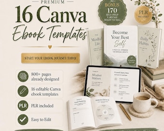 16 bewerkbare Canva e-book sjablonen | Meer dan 800 pagina's, PLR-doorverkooprechten (digitaal product)