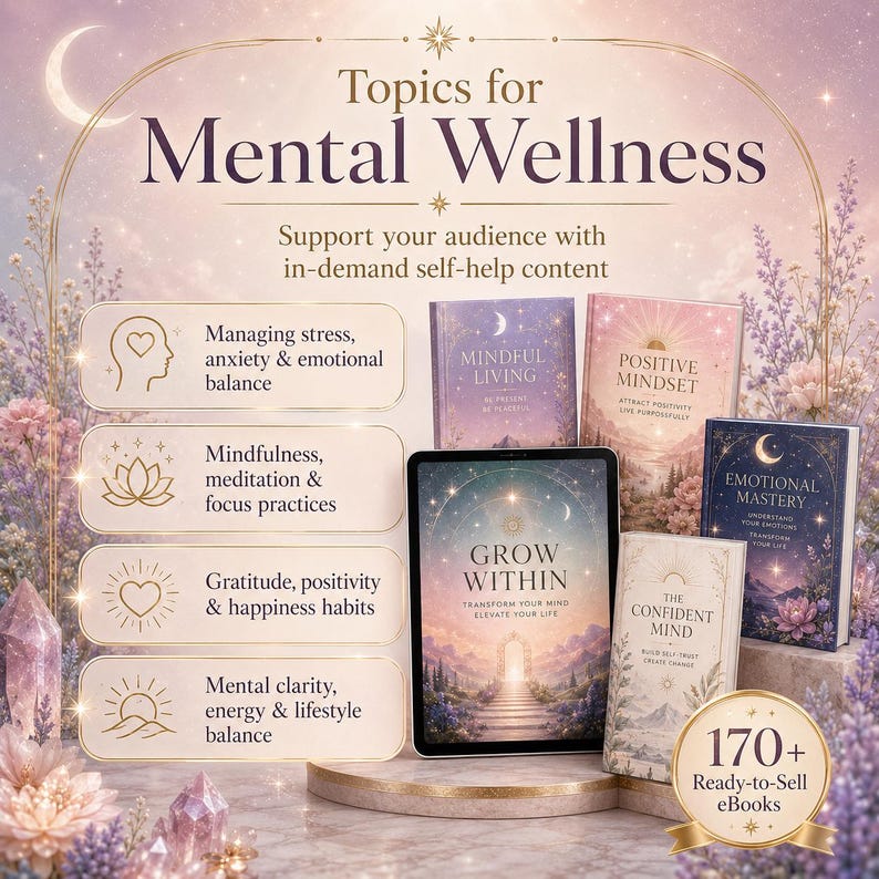 May include: A digital display and four books titled Mindful Living, Positive Mindset, Emotional Mastery, and The Confident Mind, with text listing topics for mental wellness, including stress management, mindfulness, gratitude, and energy balance.