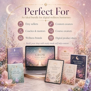 May include: A digital product bundle featuring a laptop and tablet displaying celestial-themed graphics, surrounded by five books titled Mindful Living, Heal Within, The Confident Mind, Daily Growth, Positive Mindset, and Emotional Mastery.