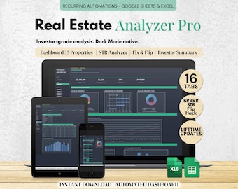 Real Estate Analyzer Pro | Dark Mode Multi-Property Spreadsheet (Excel, Google Sheets)