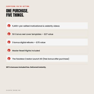 May include: A digital product listing graphic with the text: EVERYTHING YOU'RE GETTING. ONE PURCHASE. FIVE THINGS. The list includes 5,400+ pre-edited motivational & celebrity videos, 50 Canva reel cover templates, 3 bonus digital eBooks, Master Resell Rights, and The Faceless Creator Launch Kit.
