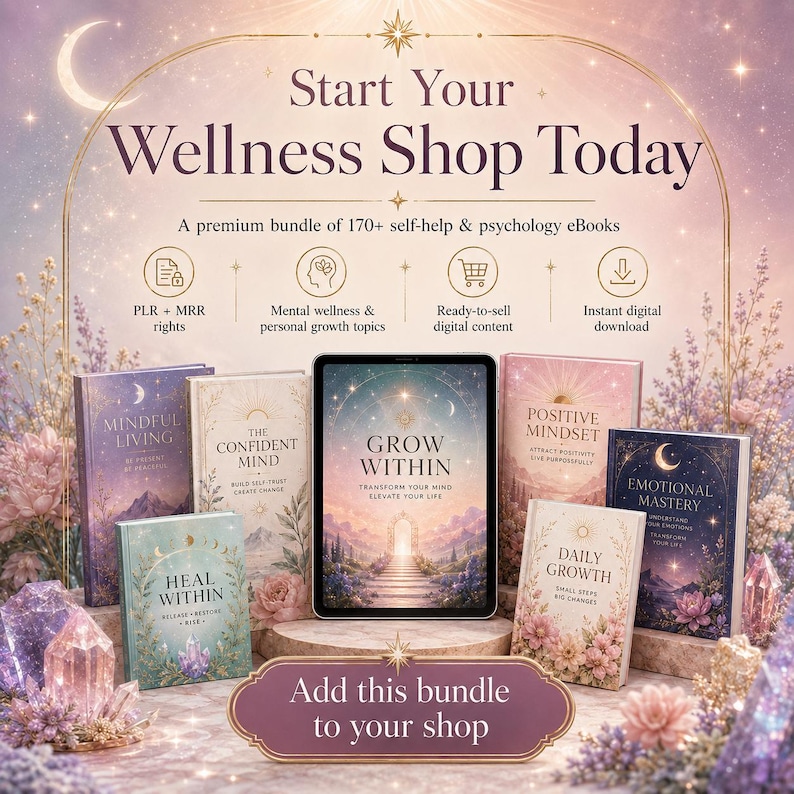 May include: A digital bundle of 170+ self-help and psychology eBooks titled Start Your Wellness Shop Today. The display features a tablet and several books with titles like Grow Within, Mindful Living, and Emotional Mastery, set against a floral background.