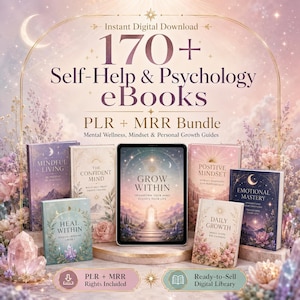 Könnte beinhalten: Eine digitale Sammlung von über 170 Selbsthilfe- und Psychologie-eBooks mit Titeln wie Mindful Living, The Confident Mind, Grow Within, Positive Mindset, Emotional Mastery, Heal Within und Daily Growth, angeboten als PLR- und MRR-Paket.