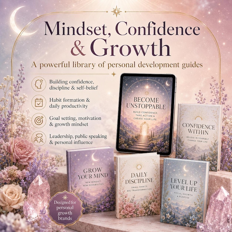 May include: A collection of personal development guides featuring a tablet and four books titled Become Unstoppable, Confidence Within, Grow Your Mind, Daily Discipline, and Level Up Your Life, set against a floral background with text.