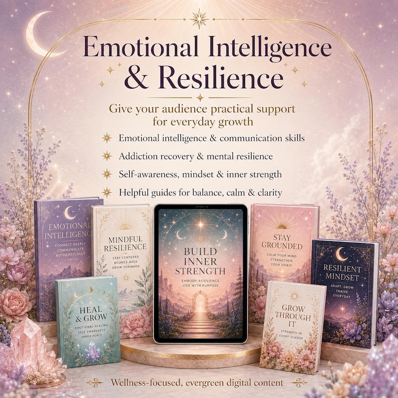 May include: A collection of digital books and a tablet displaying the title Build Inner Strength, surrounded by floral illustrations and celestial motifs. The text includes Emotional Intelligence & Resilience, Mindful Resilience, Stay Grounded, Grow Through It, and Resilient Mindset, with a list of wellness-focused topics.