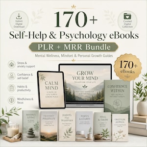 May include: A digital bundle of 170+ self-help and psychology eBooks featuring titles like Calm Mind, Grow Your Mind, and Confidence Within. The collection includes PLR and MRR rights, focusing on mental wellness, mindset, and personal growth guides.
