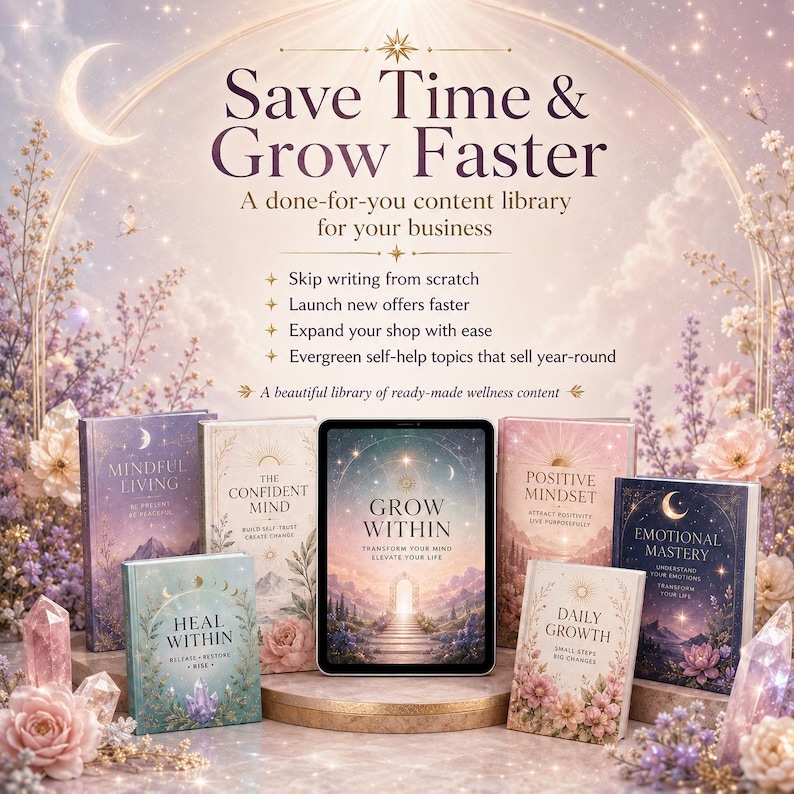 May include: A digital tablet and six books titled Grow Within, Mindful Living, The Confident Mind, Heal Within, Positive Mindset, Daily Growth, and Emotional Mastery. The text reads Save Time & Grow Faster, A done-for-you content library for your business.