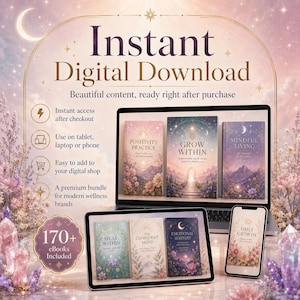 May include: A digital product bundle featuring 170+ eBooks displayed on a laptop, tablet, and smartphone. The screen displays titles like Positivity Practice, Grow Within, Mindful Living, Heal Within, The Confident Mind, Emotional Mastery, and Daily Growth.