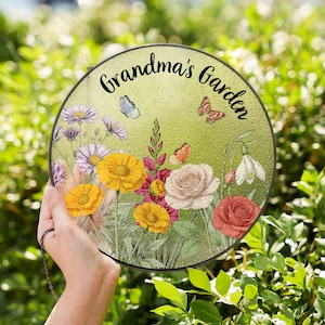 Custom Family Birth Flowers Glass Suncatcher, Custom Grandma&#39;s Garden Gift, Flower Glass , Birth Flower Gift For Nana, Gift For Mom