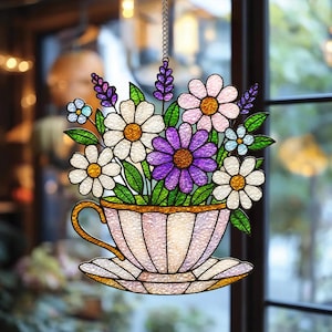 Teacup Floral Acrylic Window Hanging, Faux Stained Glass Suncatcher With Daisies & Lavender, Cottagecore Spring Decor, Floral Window Decor